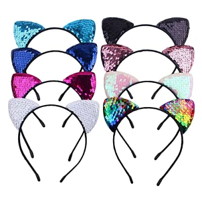 Image of KIPETTO 8Pcs Cat Ears Headbands Reversible Shiny Sequin Hairband Kitty Hair Hoops Accessories for Women Girls Daily