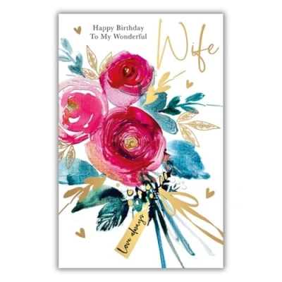Image of Words &#039;n&#039; Wishes Wonderful Wife Large Birthday Card Floral Bouquet Embossed with Foil Details Eco Friendly