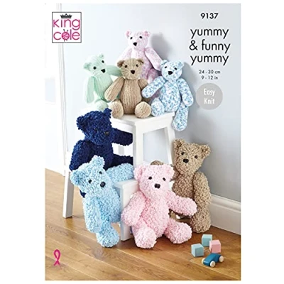 Image of King Cole 9137 Knitting Pattern 2 Sizes Easy Knit Teddy Bear Stuffed Toy in Yummy Chunky
