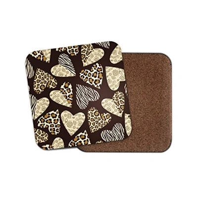 Image of 1 x Cute Love Heart Cork Backed Drinks Coaster Animal Print Zebra Leopard #8248