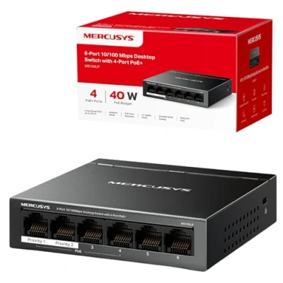 Image of MERCUSYS 6 Port 10/100Mbps Desktop Switch with 4 PoE+, PoE Power Budget 40W, compatible 802.3af/at PDs, management, metal case, Plug &amp; Play, No Configuration Required (MS106LP)