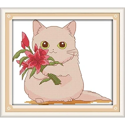 Image of Abillyn Embroidery Cross Stitch Kits Cat Giving Flowers Stamped with Printed Pattern Starter Kit (Cat)