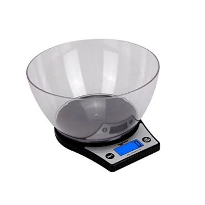 Image of Kabalo Black Kitchen Scales with Bowl Household Food Cooking Weighing Scale 5kg capacity 5000g/1g, Batteries Included! Flat Slim Design, Premier LCD Digital Electronic, blue backlight