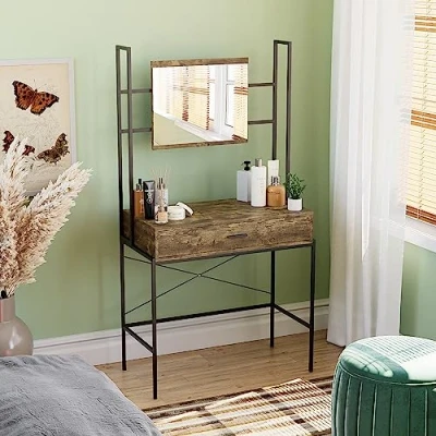 Image of Vida Designs Brooklyn 1 Drawer Dressing Table Make Up Desk Vanity Set Industrial Bedroom Furniture, Dark Wood