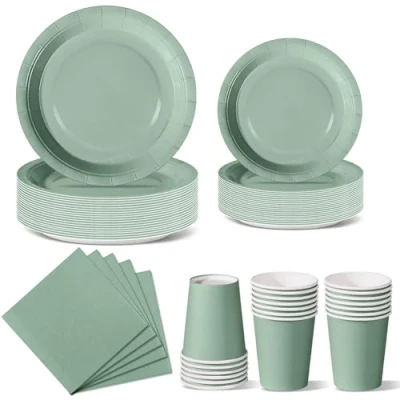 Image of Nkaiso Grass Green Party Tableware, 96 Pieces Colorful Supplies Set Solid Color Paper Plates Cups and Napkins for Birthday