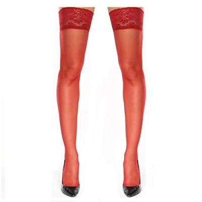 Image of Mytoptrendz® LACE TOP Luxury Shiny Glossy Hold UPS Stockings Ultra Sheer 15 Denier Silicone Stay Up Stretchy Thigh High (Red, Medium)