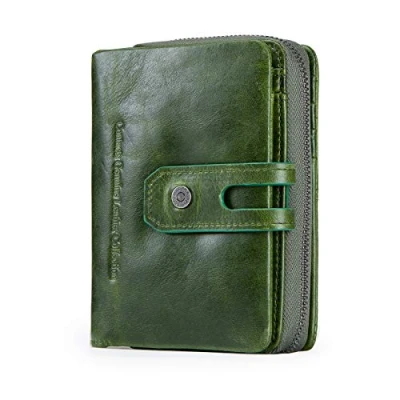 Image of Contacts Real Leather Womens Bifold Trifold Wallet Multifunction Card Holder Clutch Travel Purse with Zipper Coin Pocket (Green)