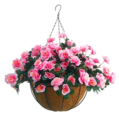 Image of Indoors and Outdoors Silk Pink Flowers Chain Hanging Basket with Flowerpot Fake Rhododendron DIY Artificial Azalea (Medium Basket)