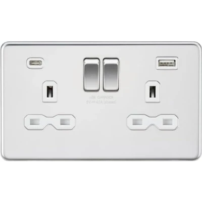 Image of KnightsBridge 13A 2G SP Screwless Switched Socket with Dual USB A+C Polished Chrome, White Insert