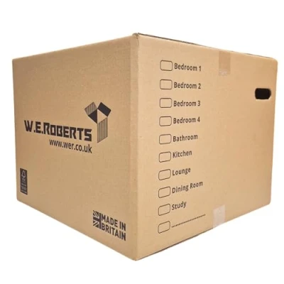 Image of W.E. Roberts 20 Strong Extra Large cardboard moving Boxes. Packing Boxes for house with Printed Room List and Carry Handles 52cm x 40cm