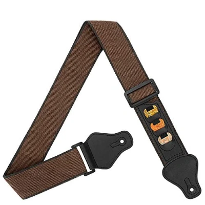 Image of BestSounds Guitar Strap 100% Soft Cotton Shoulder With 3 Pick Holders For Bass Electric &amp; Acoustic Guitars (Brown)