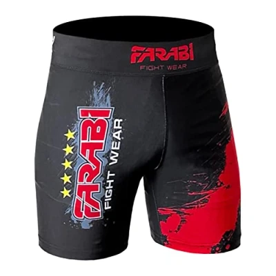 Image of Farabi Compression Short MMA Boxing Kickboxing Muay Thai Mix Martial Arts Cage Fighting Grappling Training Gym wear Clothing Shorts Trunks (Black/Red, Small)
