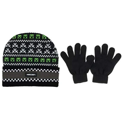 Image of Minecraft Creeper Swords Fair Isle Boys Beanie Hat &amp; Gloves Set Black, One Size