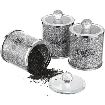 Image of JAYOGLA Diamond Crushed Medium Tea, Sugar, Coffee Canisters, Set of 3, 15cm, Silver Trimmed, Glass Lids (Silver, 15cm)