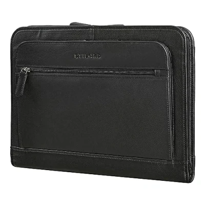 Image of STILORD &#039;Elton&#039; A4 Leather Conference Folder Vintage Portfolio for 13,3 inch MacBook Laptop Case Business Notepad Cover Briefcase Genuine Leather, Colour:Black