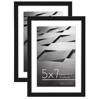 Image of Americanflat 7x5 Photo Frames in Black Set of 2 Thin Border 6x4 with Mount or without Horizontal and Vertical Formats for Wall Tabletop