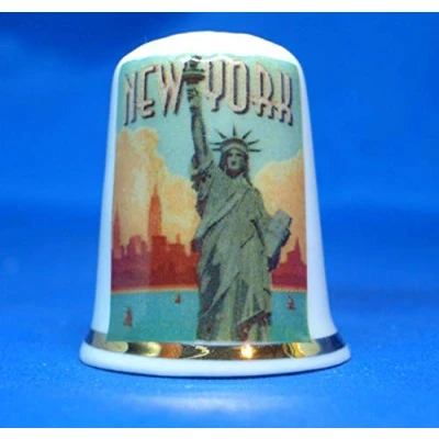 Image of Birchcroft Porcelain China Collectable Thimble Travel Poster New York Statue Free Box