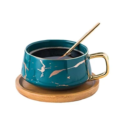 Image of Eplze YBK Tech Porcelain Tea Cup Coffee Mug Set for Afternoon Marble Pattern (Green, Short 300ml + Wood Saucer)