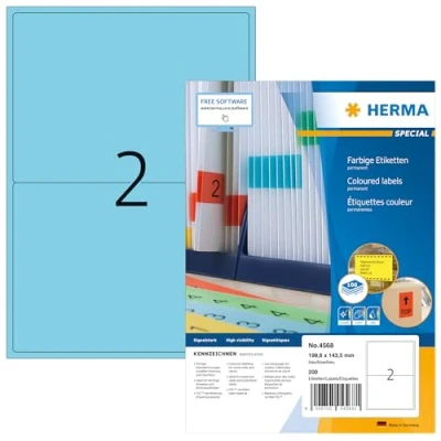 Image of HERMA Self Adhesive Coloured Labels, 2 Labels per A4 Sheet, 100 Sheets, 199.6 x 143.5 mm, 200 Blank Colour Stickers, Sticky for Laser &amp; Inkjet Printer, Blue
