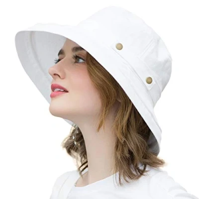 Image of SOMALER Womens Cotton Wide Brim Sun Hats UPF50+ UV Packable Beach Hat Summer Bucket Cap for Travel, Button Decoration white, One Size
