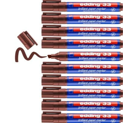 Image of edding 33 brilliant paper marker brown 10 waterproof permanent markers chisel nib 1 5 mm vibrant colours lightfast marking on paper, card, cardboard, plastic, metal and glass
