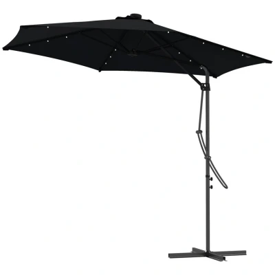 Image of Outsunny 3(m) Cantilever Parasol with Solar LED and Easy Lever, Garden Umbrella Cross Base Waterproof Cover, Outdoor Sun Shades, Black