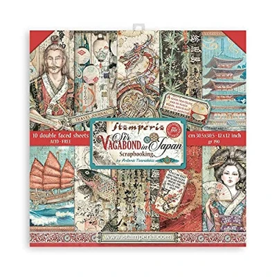 Image of Stamperia International Scrapbooking Pad Double Sided Sir Vagabond in Japan, Red, Teal, Brown, 12 x inches, SBBL95