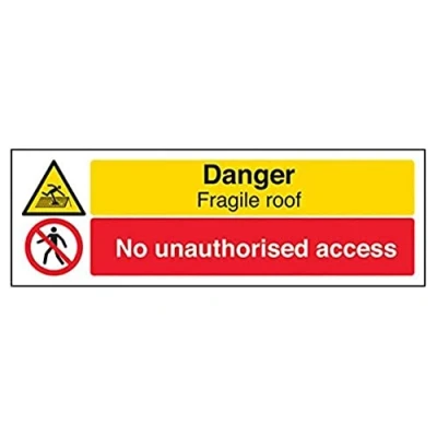 Image of V Safety 67127AX S Danger, Fragile Roof/No Unauthorised Access Sign Landscape 300mm x 100mm Self Adhesive Vinyl, Black/Red/Yellow