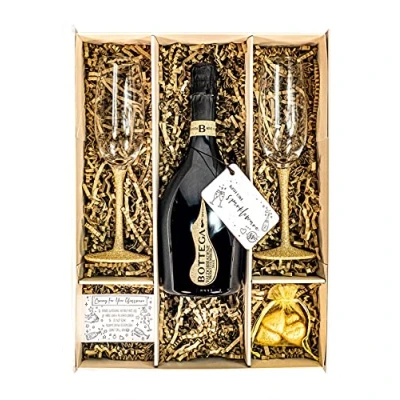 Image of Bottega Rive Prosecco DOC 75cl Sparkling Wine Gift Set with 2 Gold Champagne Flutes, Chocolates and Box Congratulations, Golden Wedding For Couples (Gold Stems)