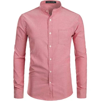 Image of PARKLEES Mens Hipster Design Grandad Collar Oxford Shirt Slim Fit Long Sleeve Casual Button Down Dress Shirts with Pocket Red L