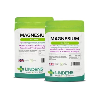 Image of Lindens Magnesium Tablets 500mg, 1000 Reduces Tiredness &amp; Fatigue, Supports Metabolism, Muscle Function, Nervous System, Bones Teeth UK Made
