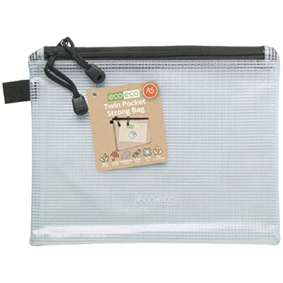 Image of eco A5 95% Recycled Twin pocket Super Strong Bag, Waterproof Mesh Tuff Reinforced, Black zip closure, 2 pockets