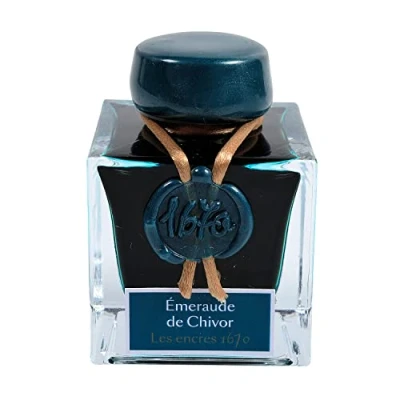 Image of Jacques Herbin Ref 15035JT Ink for Fountain Pens &amp; Rollerball Émeraude de Chivor / Emerald of 50ml Bottle &#039;1670&#039; Prestige Collection Blue Coloured