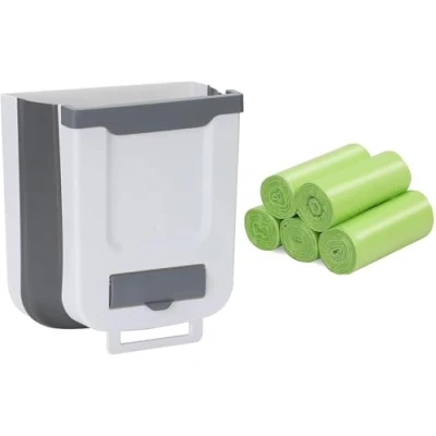 Image of ANKEPEEC Small Food Folding Waste Bin for Kitchen with 100pcs Trash Bags 10 15l, Foldable Cupboard Can Wall Mounted Cabinet Door Under Sink Garbage White