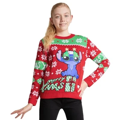 Image of Disney Stitch Girls Knitted Christmas Jumper, Cosy Funny Xmas Sweater Gifts for (Red/Green, 11 12 Years)