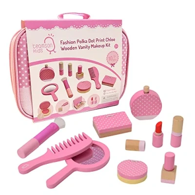 Image of Teamson Kids Wooden Travel Vanity Set Cosmetic Makeup Kit for Girls Dressing Table, Pretend Play with Make Up Bag and Accessories, Polka Dot Pink