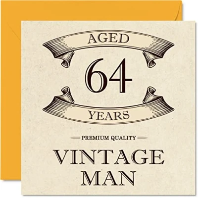 Image of Vintage 64th Birthday Cards for Men Aged 64 Years Fun Card Grandpa Dad Husband Boyfriend Uncle Brother Grandad, 145mm x Greeting Cards,