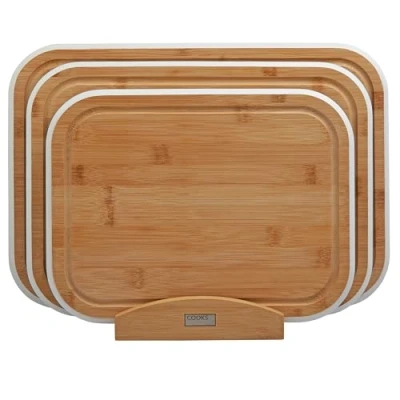 Image of Cooks Professional Index Chopping Board Set of 3 Bamboo Boards with Stand Wooden Cutting for Fruit &amp; Vegetables Cooked Food Bread White