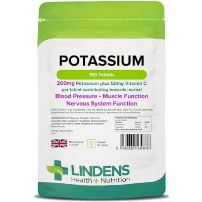 Image of Lindens Potassium 200mg Tablets with 50mg Vitamin C 100 Contributes to Normal Blood Pressure, Muscle Function and Nervous System UK Manufacturer, Letterbox Friendly