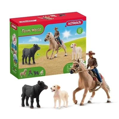 Image of schleich Farm World 42578 Rodeo Calf Adventure Playset Cowboy Rider Figurine with Horse, Cow, and Dog, Realistic Western Animal Figures Accessories, for Boys Girls
