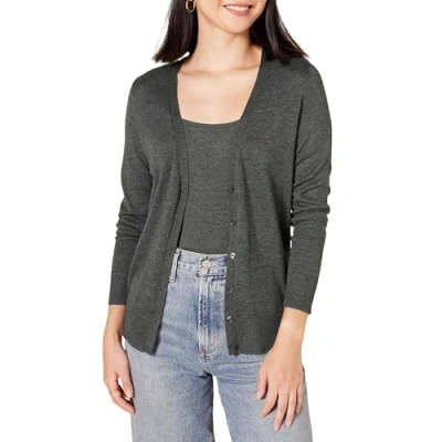 Image of Amazon Essentials Women&#039;s Lightweight V Neck Cardigan Jumper (Available in Plus Size), Charcoal Heather, S