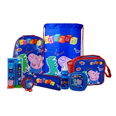Image of Peppa Pig George 8PC Back to School Bundle inc Backpack, Drawstring Sports Bag, Insulated Lunch Sandwich Box, Water Bottle, Coin Pouch, Pencil Case &amp; Stationery Set.