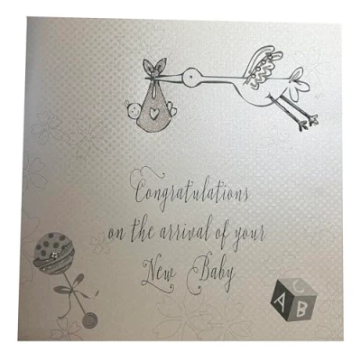 Image of white cotton cards Congratulations on The Arrival Handmade Large New Baby Card Stork, Silver, XLSTORK