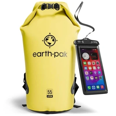 Image of Earth Pak Waterproof Dry Bag Roll Top Sack Keeps Gear for Boating, Hiking, Camping and Fishing with Phone Case (Yellow, 55L)