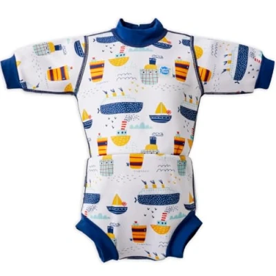 Image of Splash About Baby Boys Happy Nappy Wetsuit One Piece Swimsuit, Tug Boats, 6 14 Months