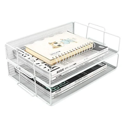 Image of EasyPAG 2 Tier A4 Mesh in Trays Stackable Office Desk Tidy File Holder Magazine Storage Paper Organiser,White