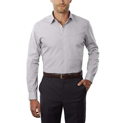 Image of Van Heusen Men&#039;s Dress Shirt Fitted Poplin Solid, Light Grey, 17&quot; Neck 32&quot; 33&quot; Sleeve