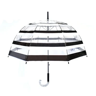 Image of SMATI Paris Lady’s Clear Birdcage Umbrella with contemporary black and white stripes Transparent; Windproof; Auto open; Crystal style handle; French design