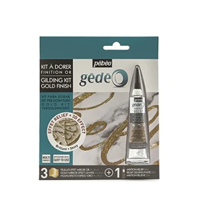 Image of Pebeo Gilding Relief Mix Kit 20ml + 3 Gold Mirror Effect Sheets, foils