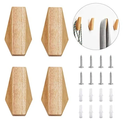 Image of INCREWAY Natural Wooden Hook, 4PCS Burlywood Wall Mounted Hooks Durable Coat Hook Hat Rack Towel Hanger for Living Room Bathroom(Rhombus)